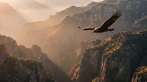 Golden Eagle Soaring Over Misty Canyon