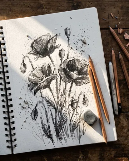 Graphite Pencil Sketch of Wild Poppies