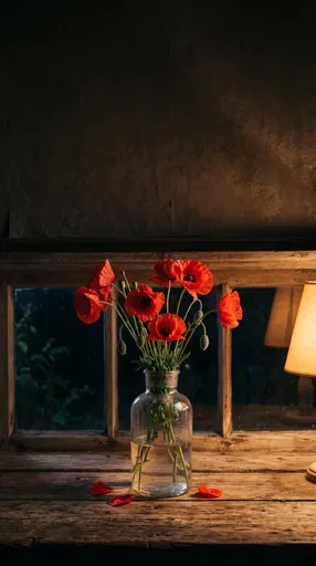 Red Poppies in Glass Bottle at Night