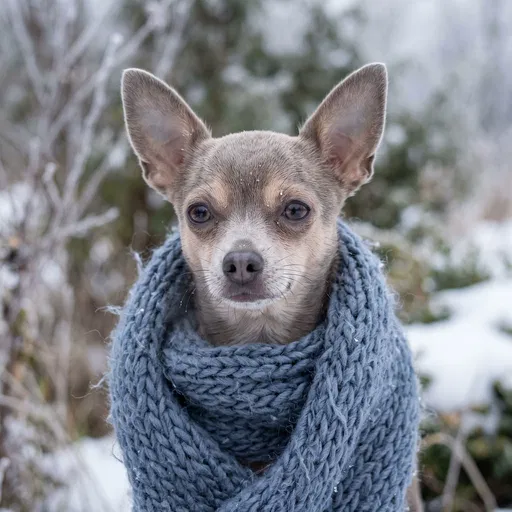 Chihuahua Wearing Blue Knit Scarf in Winter