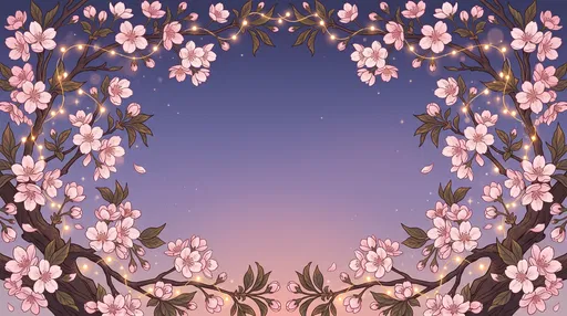 Symmetrical Cherry Blossom Twilight Border Illustration