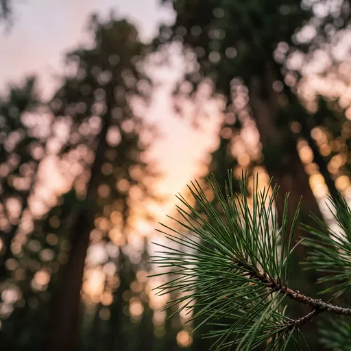 Pine Branch Against Sunset Forest Bokeh