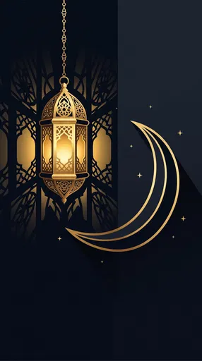Golden Islamic Lantern and Crescent Moon