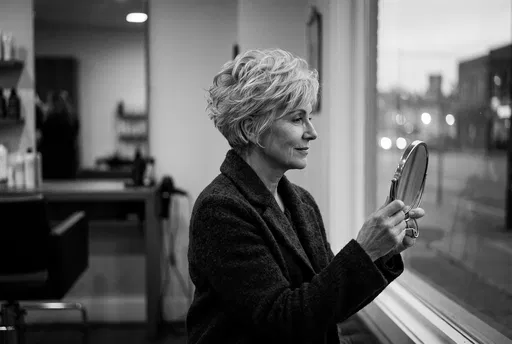 Mature Woman Admiring Pixie Cut in Salon