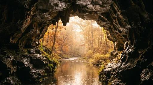 Autumn Stream Framed by Cave Entrance