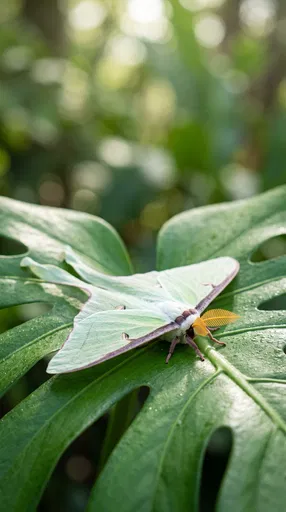Luna Moth on Green Monstera Leaf