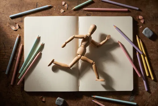 Wooden Artist Mannequin Running on Open Sketchbook