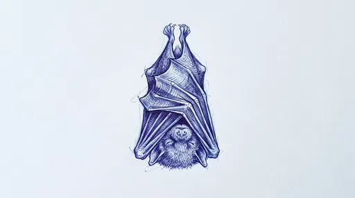 Blue Ink Sketch of Sleeping Hanging Bat