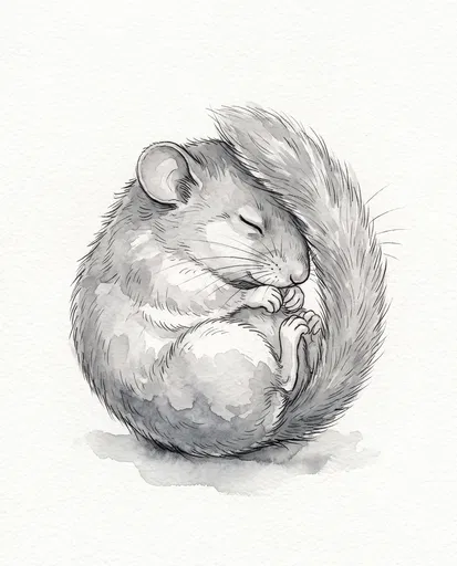 Sleeping Dormouse Monochrome Watercolor Illustration