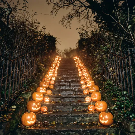 Glowing Jack-O'-Lanterns on Stone Steps
