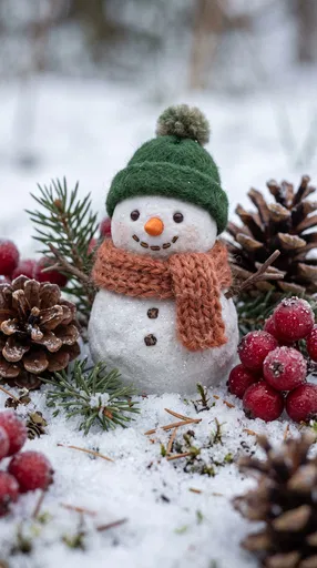 Miniature Felt Snowman in Winter Snow