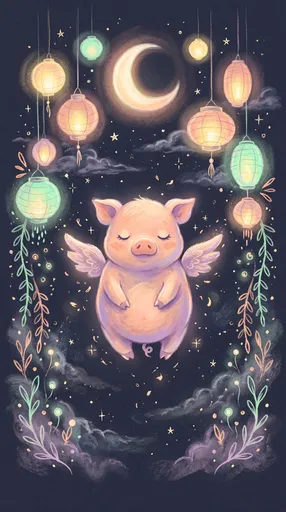 Dreamy Winged Pig Under Glowing Lanterns