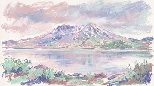 Pastel Volcano and Alpine Lake Landscape