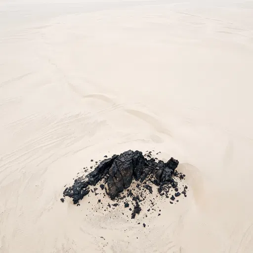 Solitary Dark Basalt Outcrop in Pale Sand
