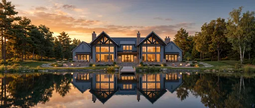 Waterfront Modern Farmhouse at Sunset
