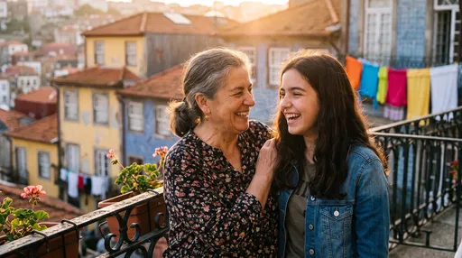 Grandmother and Granddaughter Laughing on Balcony
