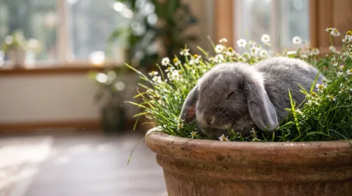 Sleeping Gray Lop Rabbit in Planter