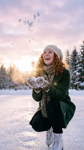 Woman Tossing Snow on Outdoor Ice Rink