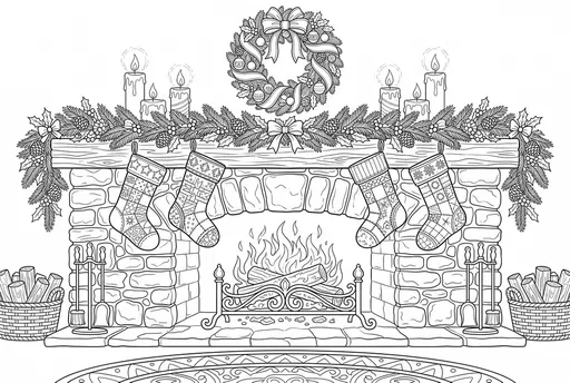 Christmas Fireplace Coloring Page Line Art