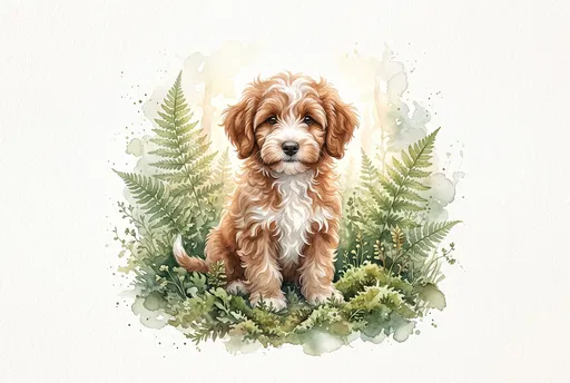 Watercolor Aussiedoodle Puppy in Ferns