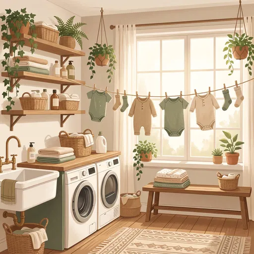 Cozy Sunlit Laundry Room With Baby Clothes