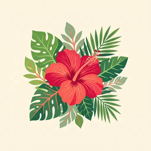 Tropical Red Hibiscus Botanical Flat Illustration