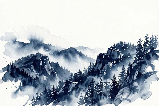 Indigo Watercolor Misty Mountain Landscape