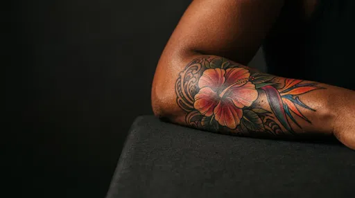 Colorful Floral Forearm Tattoo on Dark Background