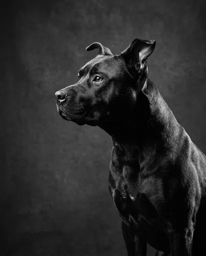 Monochrome Studio Portrait of Black Pit Bull