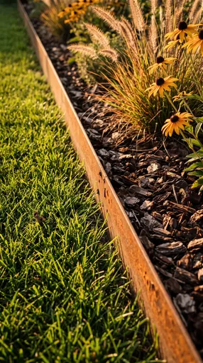 Corten Steel Lawn Edge in Sunlight