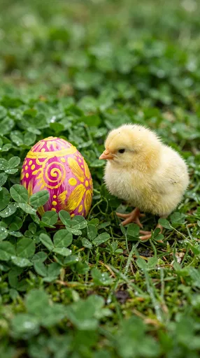 Yellow Chick Beside Painted Easter Egg