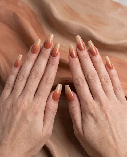 Hands With Terracotta Ombre Coffin Nails