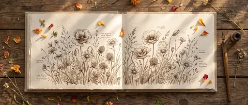 Botanical Wildflower Ink Sketchbook Flat Lay