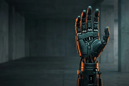 Black Mechanical Robotic Hand in Concrete Hall