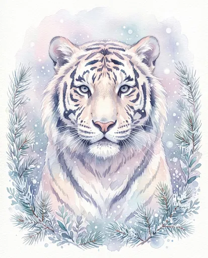 Pastel Watercolor White Snow Tiger Portrait