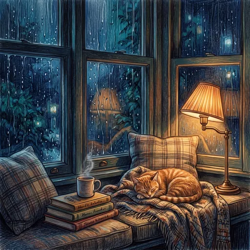Ginger Cat Sleeping in Rainy Window Nook
