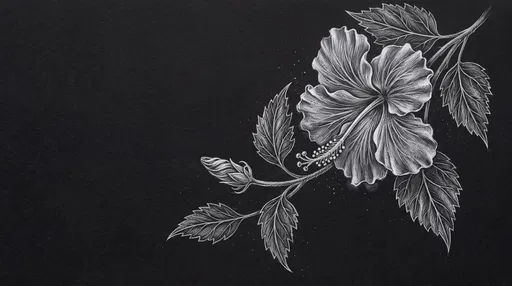 White Chalk Hibiscus Drawing on Black