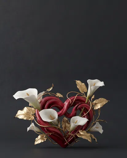 Ruby Heart Sculpture With White Calla Lilies