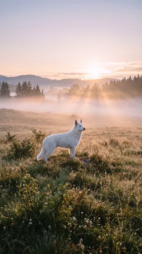 White Shepherd in Misty Sunrise Meadow