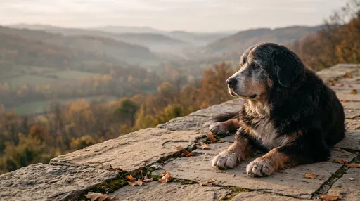 Senior Bernese Mountain Dog on Autumn Terrace