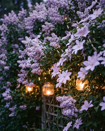Lilac and Clematis Garden with Lanterns