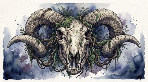 Watercolor Horned Dragon Skull With Moss