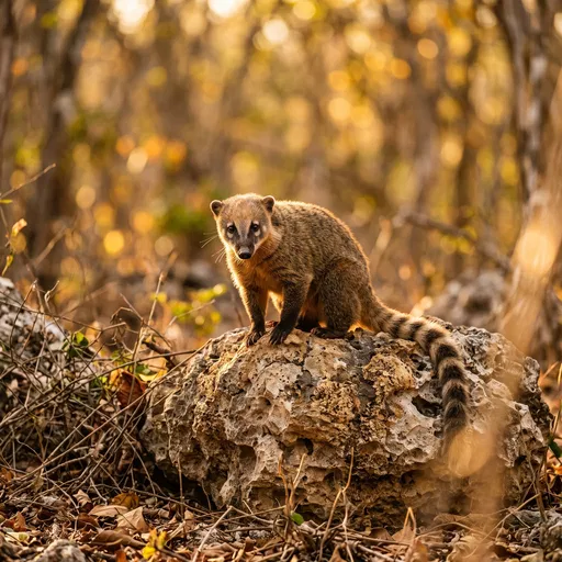 Coatimundi on Limestone Boulder at Golden Hour
