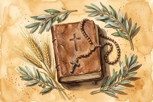 Watercolor Bible with Rosary and Olive Branches