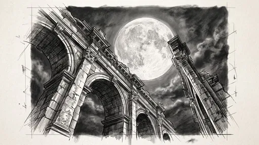 Charcoal Sketch of Classical Arches and Moon