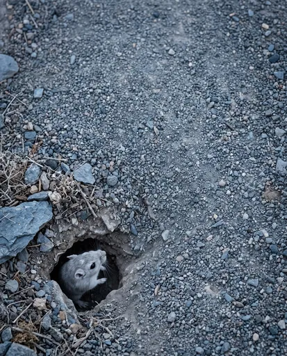 Silver Gerbil Peeking From Gravel Burrow