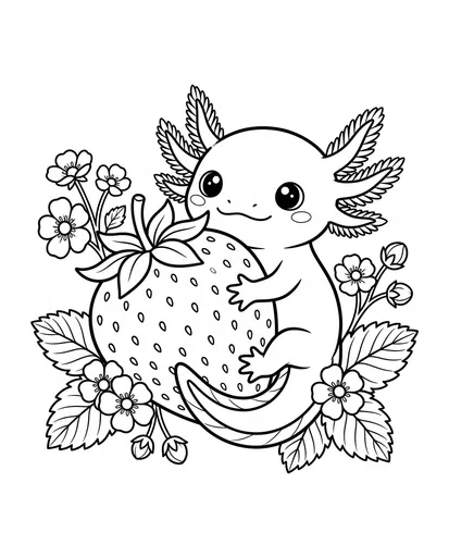 Cute Axolotl Hugging Strawberry Coloring Page