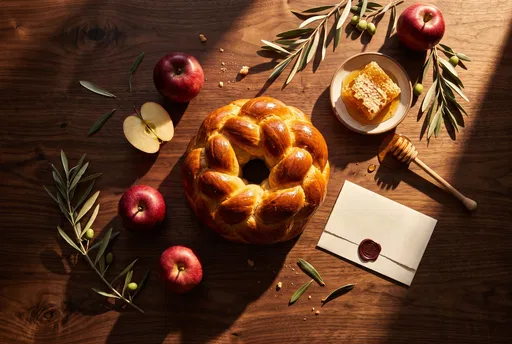 Rosh Hashanah Challah Apple and Honey Flat Lay