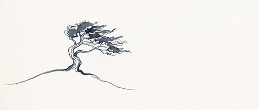 Minimalist Ink Drawing of Windswept Tree