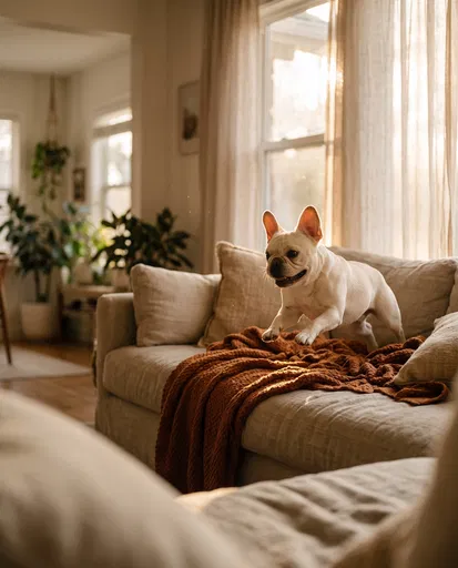 Cream French Bulldog Leaping on Cozy Sofa